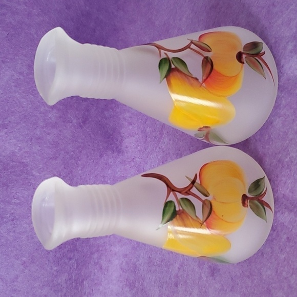 Pair of Hazel Atlas Hand Painted "Gay Fad" Oil and Vinegar Cruets Frosted Glass - Picture 1 of 4